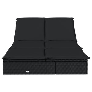 Doppel Sonnenliege mit Auflage, Poly Rattan Schwarz