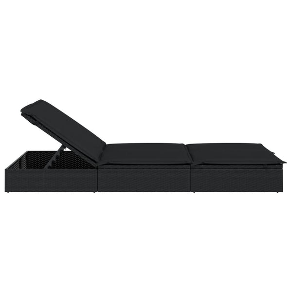 Doppel Sonnenliege mit Auflage, Poly Rattan Schwarz
