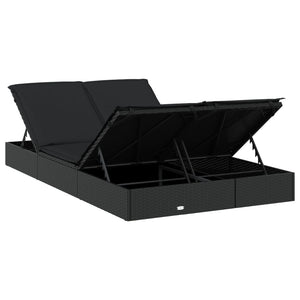 Doppel Sonnenliege mit Auflage, Poly Rattan Schwarz
