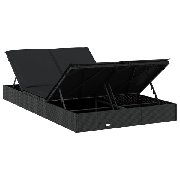 Doppel Sonnenliege mit Auflage, Poly Rattan Schwarz