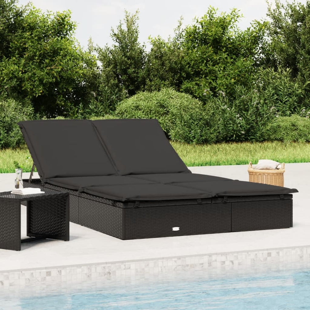 Doppel Sonnenliege mit Auflage, Poly Rattan Schwarz