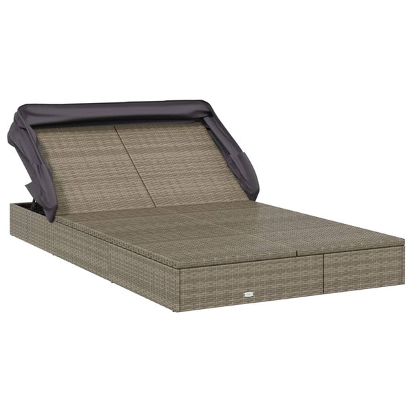 2-Personen Sonnenliege mit Dach Grau Poly Rattan
