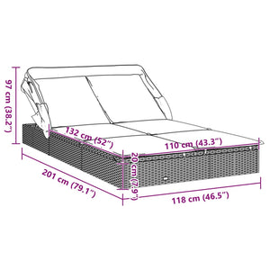 2-Personen Sonnenliege mit Dach Grau Poly Rattan