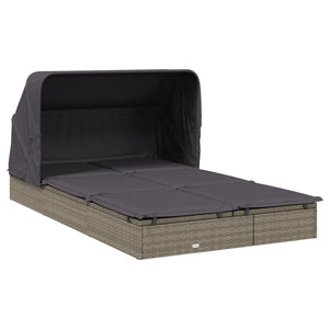 2-Personen Sonnenliege mit Dach Grau Poly Rattan