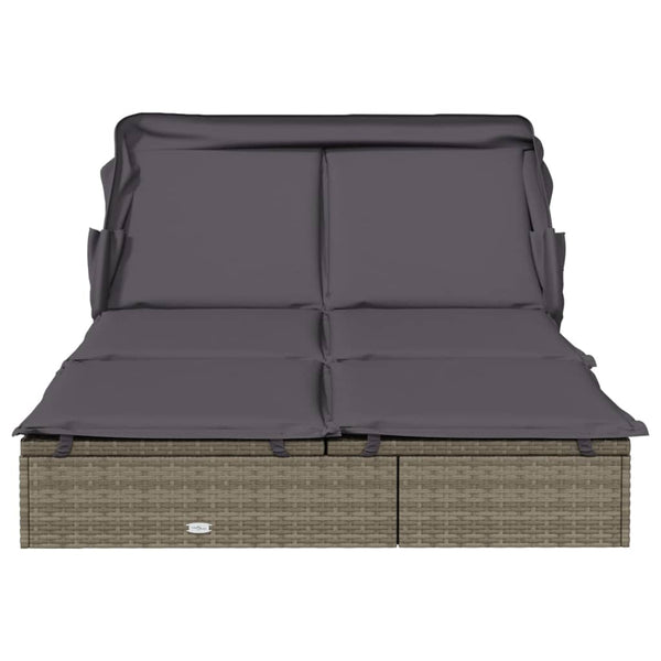 2-Personen Sonnenliege mit Dach Grau Poly Rattan