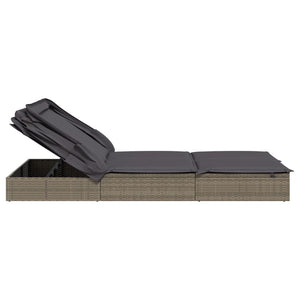 2-Personen Sonnenliege mit Dach Grau Poly Rattan