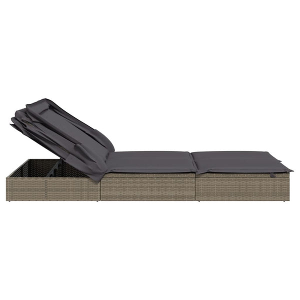 2-Personen Sonnenliege mit Dach Grau Poly Rattan