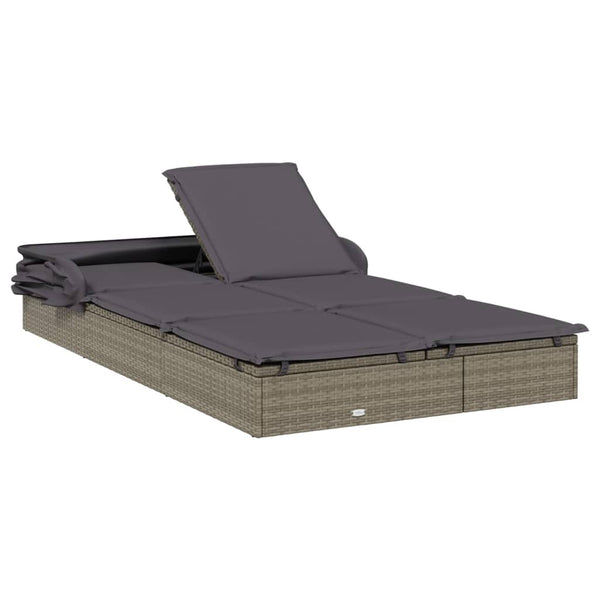 2-Personen Sonnenliege mit Dach Grau Poly Rattan