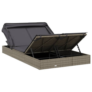 2-Personen Sonnenliege mit Dach Grau Poly Rattan