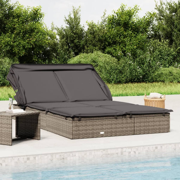 2-Personen Sonnenliege mit Dach Grau Poly Rattan