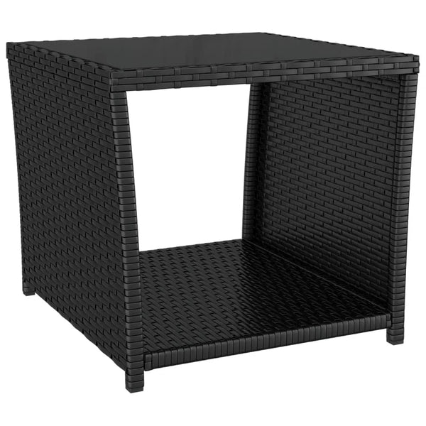 Schwarzer Beistelltisch Poly Rattan mit Glasplatte