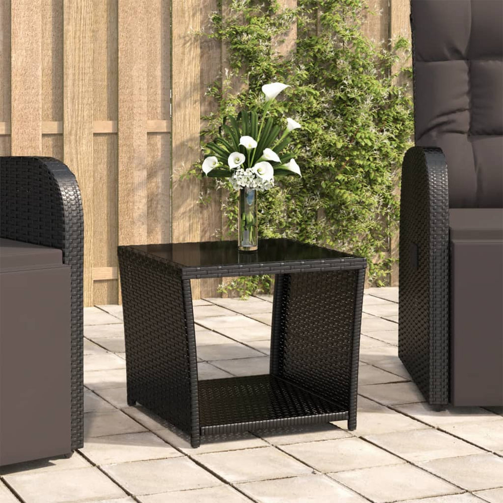 Schwarzer Beistelltisch Poly Rattan mit Glasplatte