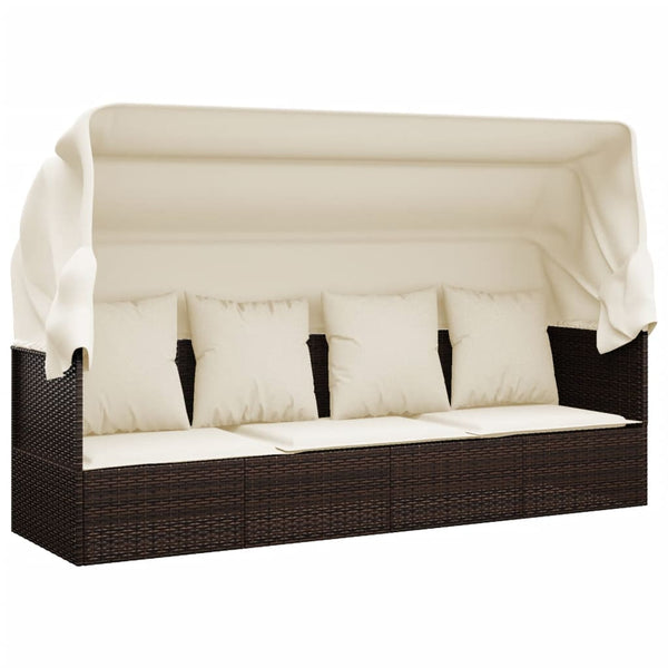 vidaXL Lit de repos d'extérieur avec toit et coussins en rotin synthétique marron
