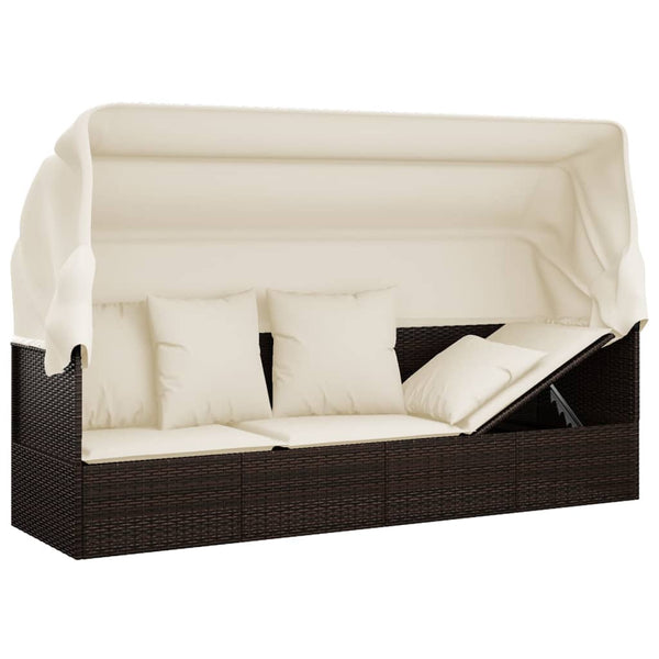 vidaXL Lit de repos d'extérieur avec toit et coussins en rotin synthétique marron
