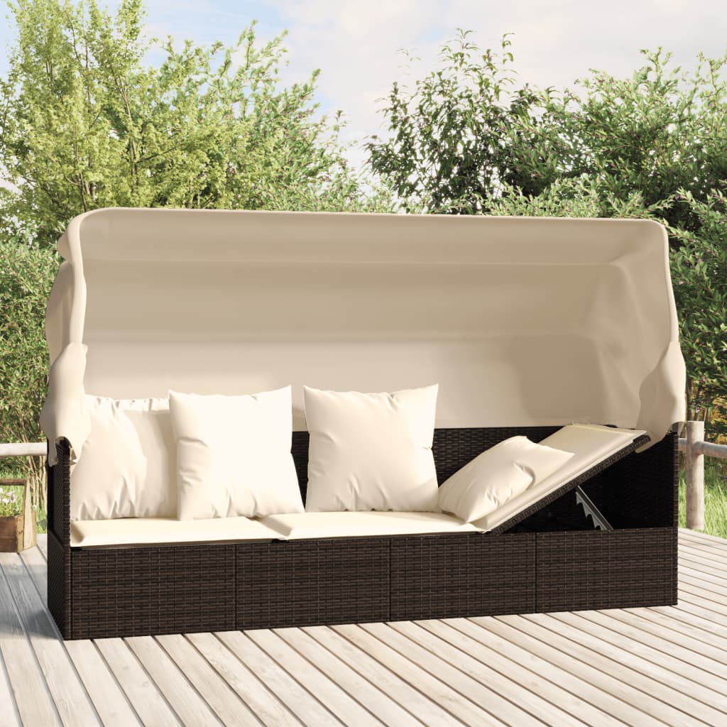 vidaXL Lit de repos d'extérieur avec toit et coussins en rotin synthétique marron
