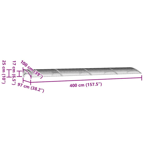 Türvordach Grau 400 x 100 cm Polycarbonat