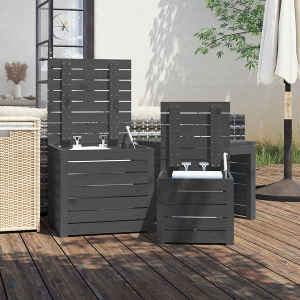 3-tlg. Gartenbox Set Grau Kiefer Massivholz