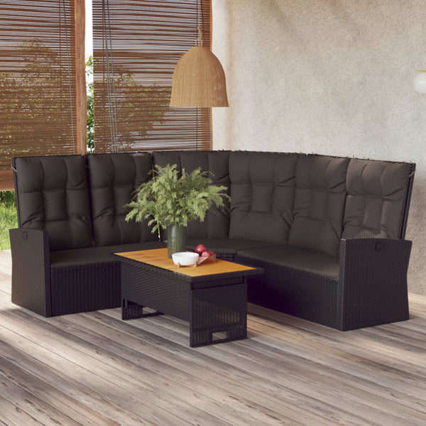 vidaXL Canapé d'angle avec fonction de lit et coussins Noir Résine tressée