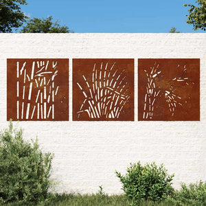 3-tlg. Garten Wanddeko Cortenstahl Gras-Design