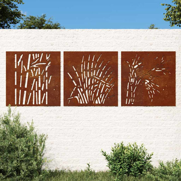 3-tlg. Garten Wanddeko Cortenstahl Gras-Design