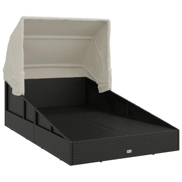 Schwarze Poly Rattan Sonnenliege mit Faltdach