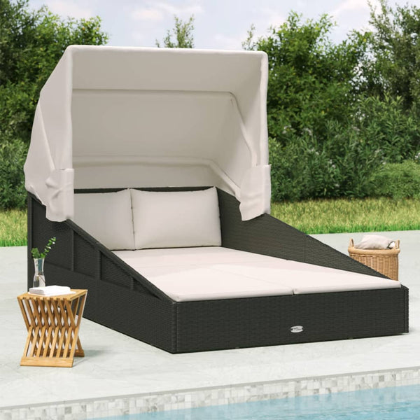 Schwarze Poly Rattan Sonnenliege mit Faltdach