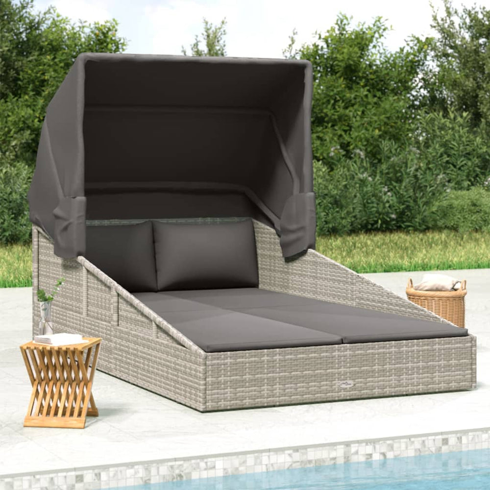 Sonnenliege mit Faltdach Grau Poly Rattan
