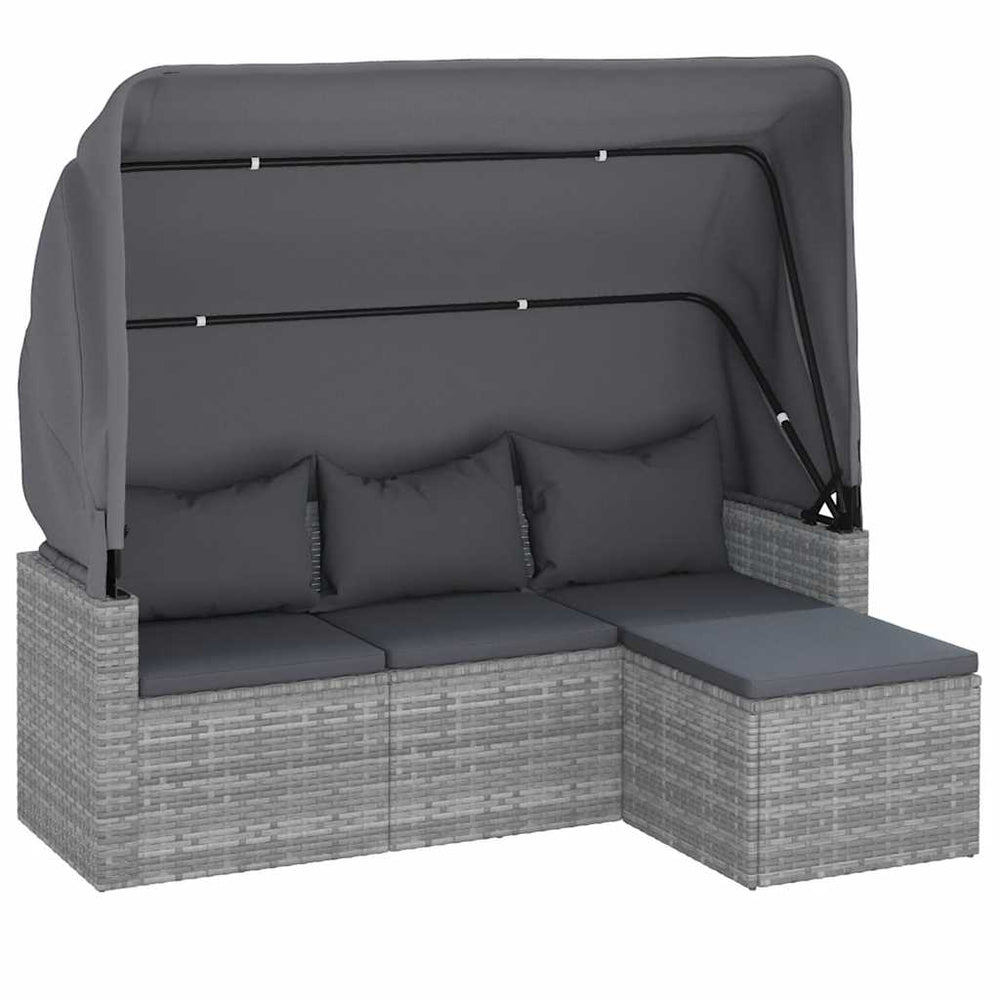 Gartensofa mit Dach & Hocker, Grau Rattan