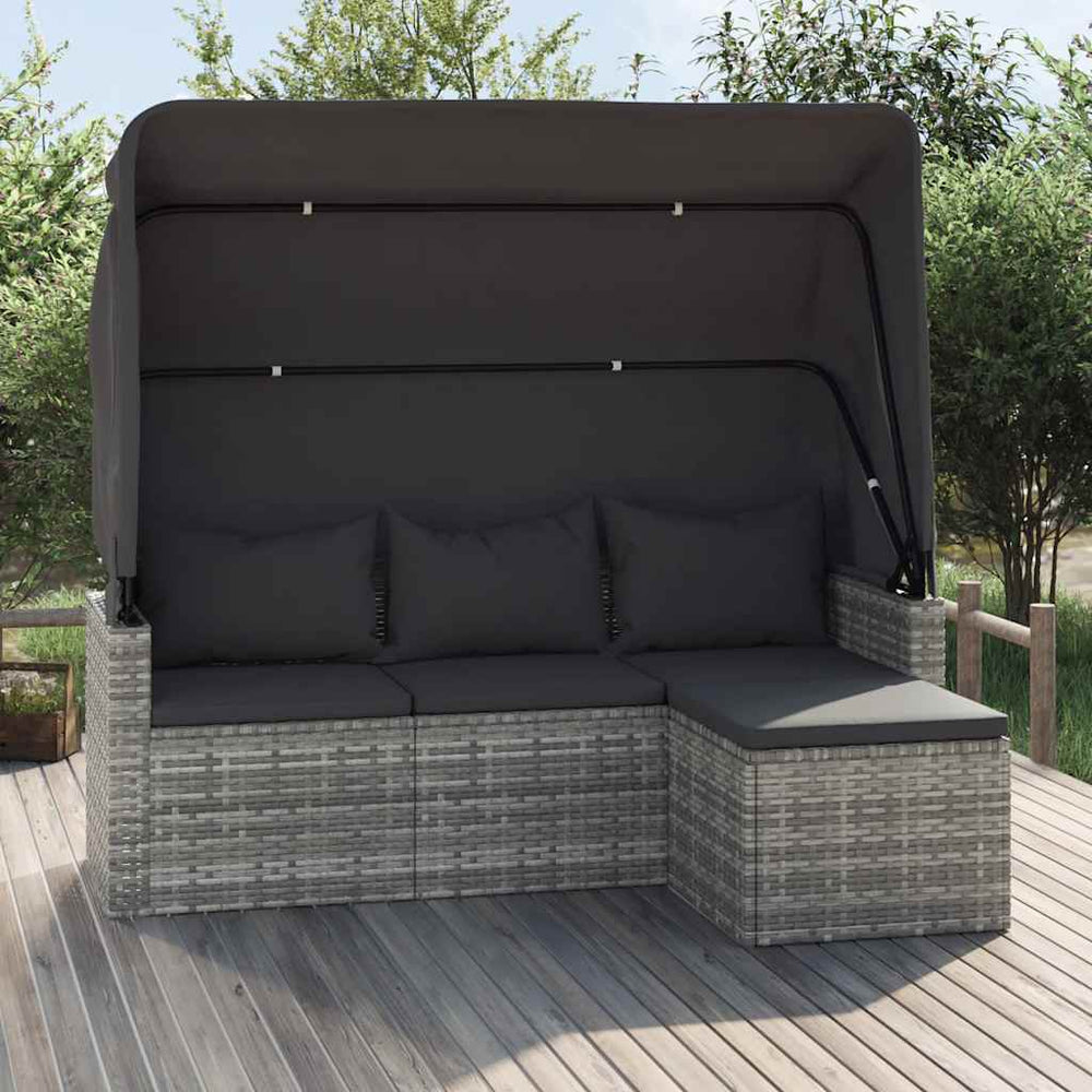 Gartensofa mit Dach & Hocker, Grau Rattan