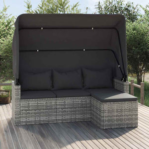 Gartensofa mit Dach & Hocker, Grau Rattan