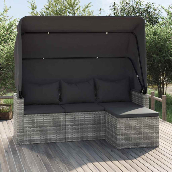 Gartensofa mit Dach & Hocker, Grau Rattan