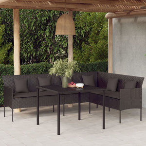 L-Form Gartensofa mit Kissen, Schwarz Rattan