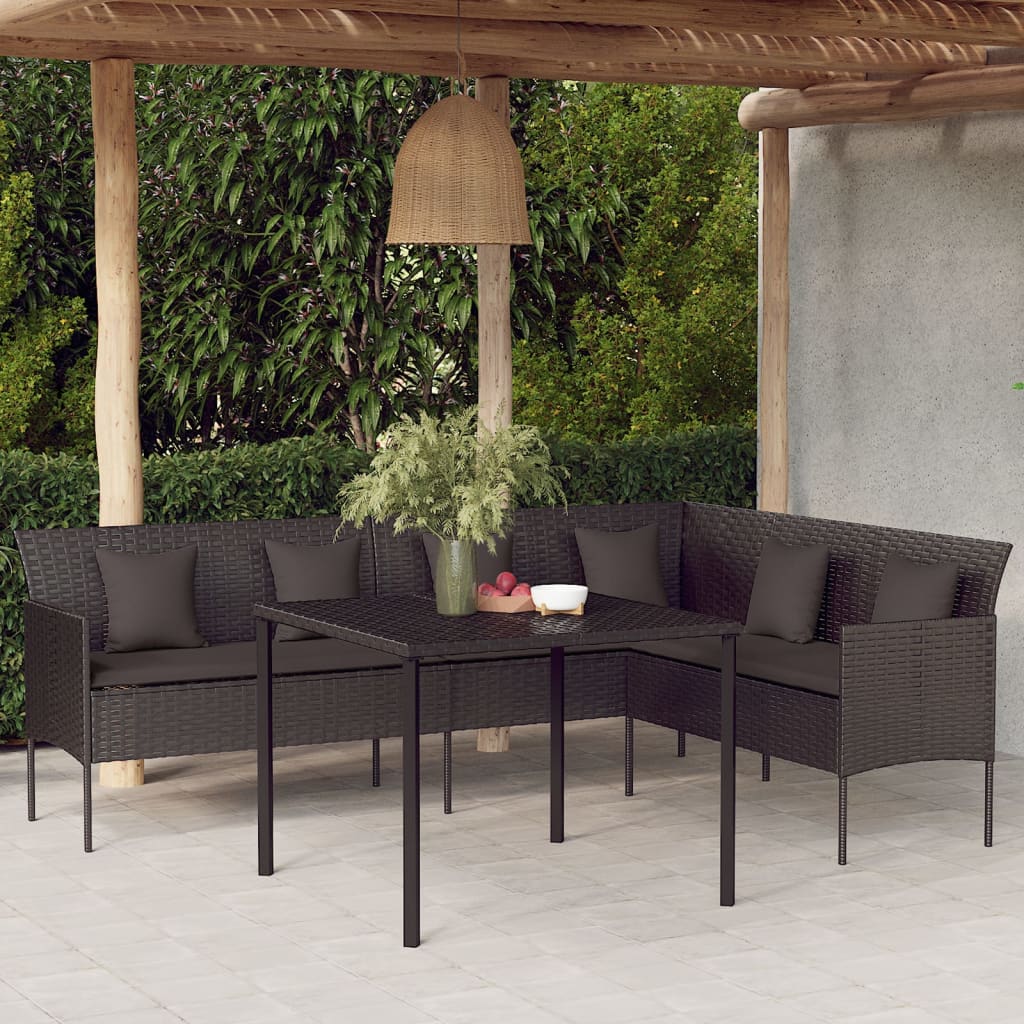 L-Form Gartensofa mit Kissen, Schwarz Rattan