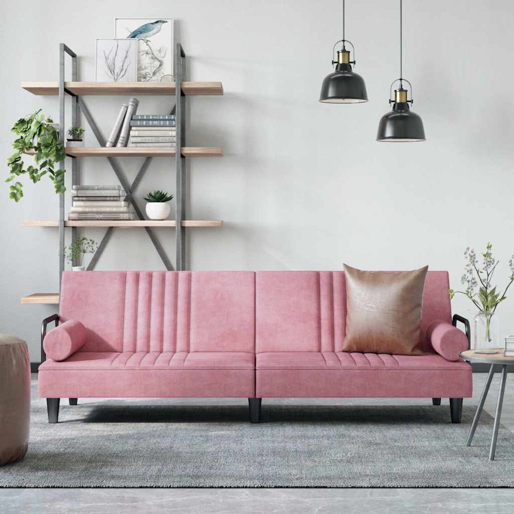 Rosa Samt Schlafsofa mit Armlehnen