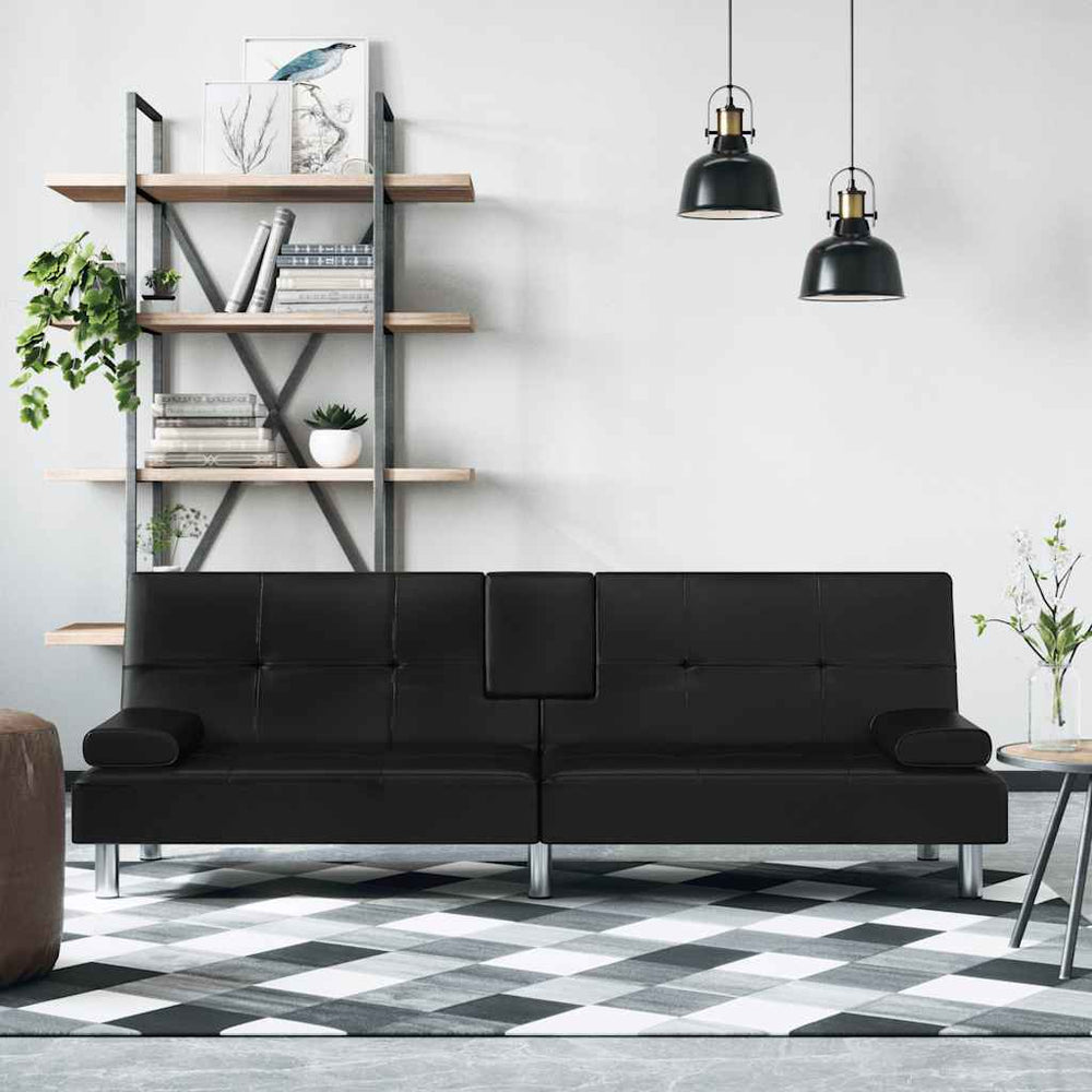 Schlafsofa Schwarz Kunstleder mit Getränkehaltern