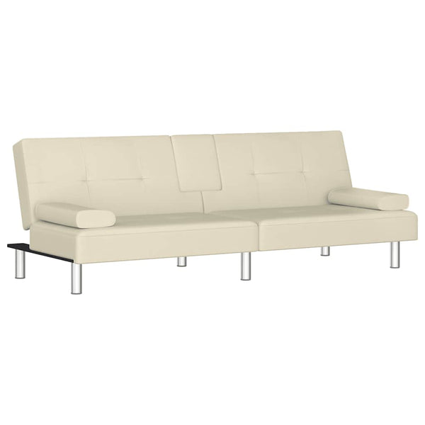 Schlafsofa Creme Kunstleder mit Getränkehaltern