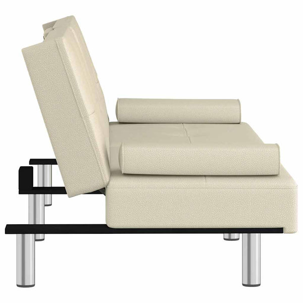 Schlafsofa Creme Kunstleder mit Getränkehaltern