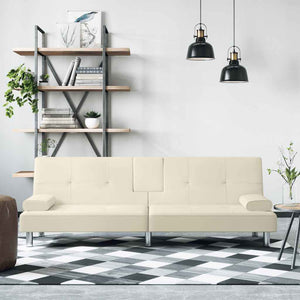 Schlafsofa Creme Kunstleder mit Getränkehaltern