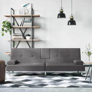 Schlafsofa Grau Kunstleder mit Getränkehaltern