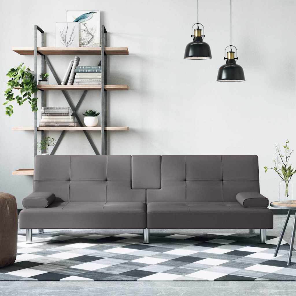 Schlafsofa Grau Kunstleder mit Getränkehaltern