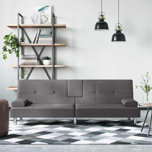 Schlafsofa Grau Kunstleder mit Getränkehaltern