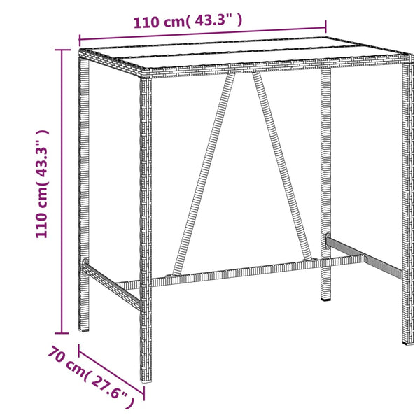 Grauer Bartisch mit Glasplatte 110x70x110 cm