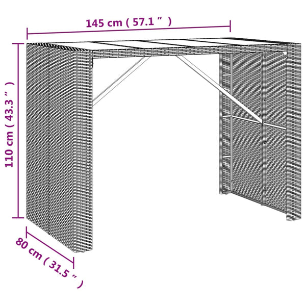 Bartisch Braun Poly Rattan 145x80x110 cm