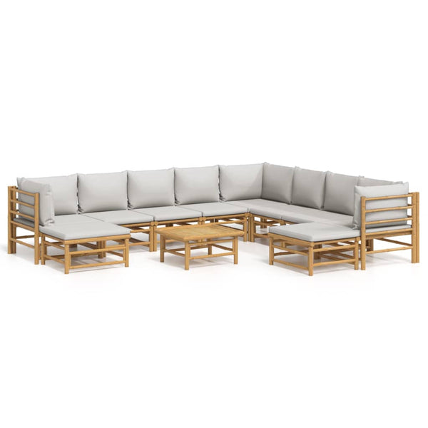 11-tlg. Garten-Lounge-Set mit Hellgrauen Kissen Bambus