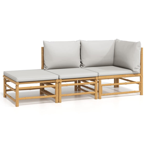 3-tlg. Garten-Lounge-Set mit Hellgrauen Kissen Bambus