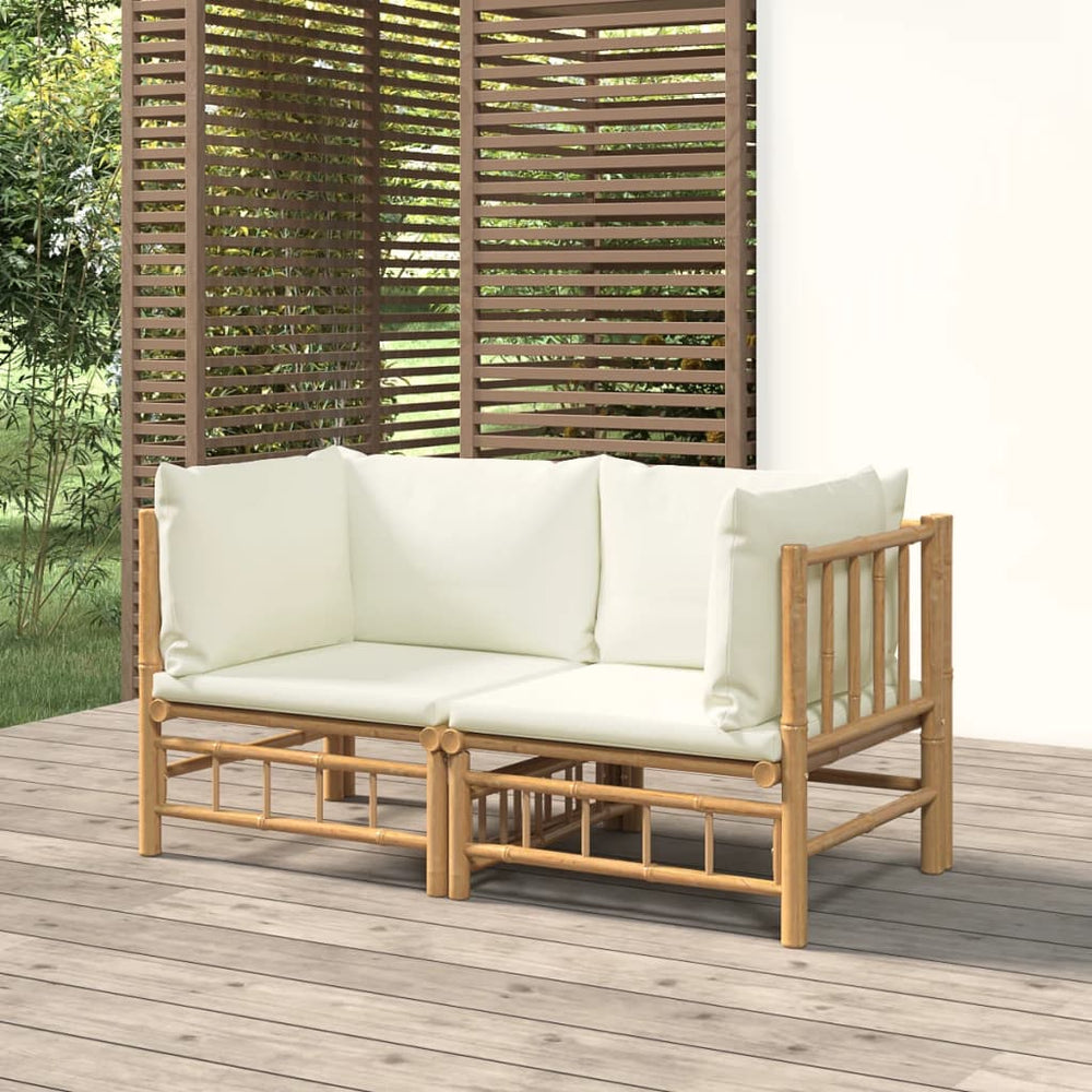 Garten-Ecksofas mit Cremeweißen Kissen 2 Stk. Bambus