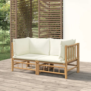Garten-Ecksofas mit Cremeweißen Kissen 2 Stk. Bambus