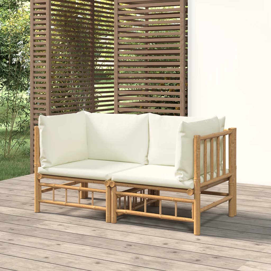 Garten-Ecksofas mit Cremeweißen Kissen 2 Stk. Bambus