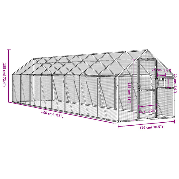 Voliere Silbern 1,79x8x1,85 m Aluminium