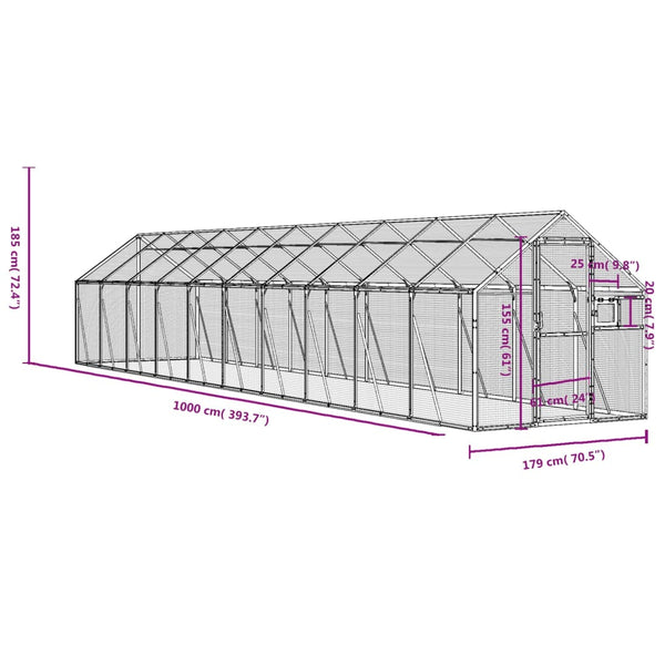 Voliere Silbern 1,79x10x1,85 m Aluminium